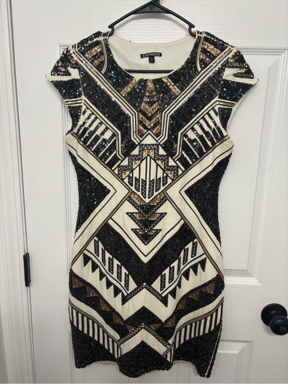 Express Ivory, Black & Gold Beaded Mini Sheath Dress